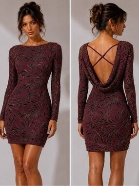 Windsor Burgundy Glitter Open Back Bodycon Dress S Long Sleeve Hoco Homecoming